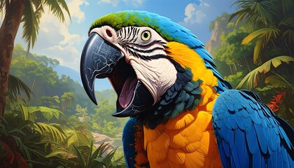Colorful Parrot in a Tropical Jungle Environment with Lush Green Foliage