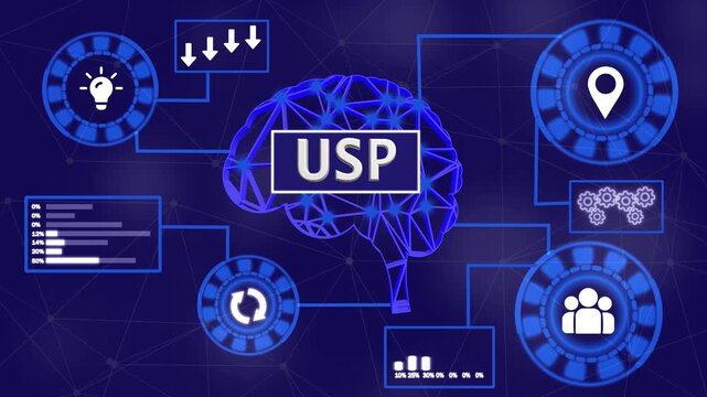 USP unique selling proposition concept with icons for strategy growth and success on black background