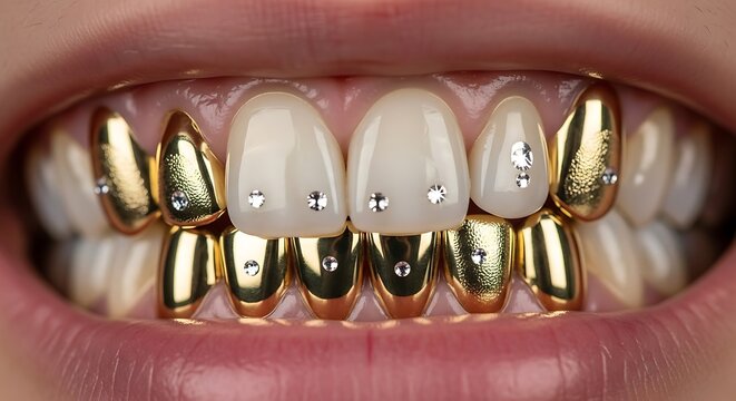 Close up of a persons mouth showing gold teeth grills and diamonds.