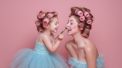 Mother and Daughter in Curlers Having Fun with Makeup on Pink Background