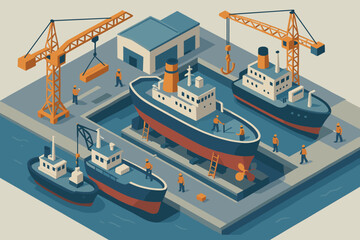 Parts docked cranes illustration workers harbor lifting vessels scene vector isometric repaired