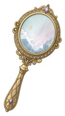 simple antique hand mirror, gold, game icon, fantasy style,  digital drawing, artstation, watercolor illustration