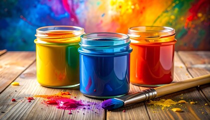 Colorful paint jars with brush on wooden table, artistic and creative concept