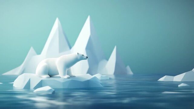 A stylized polar bear stands on a small iceberg, observing the arctic waters.