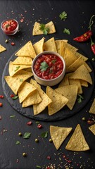 Tortilla Chips and Salsa on a black background for cinco de mayo