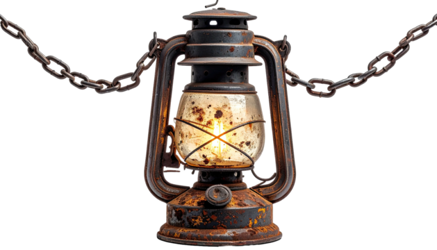 Rusty oil lamp, chained
