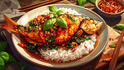 Delicious fried fish with rice, chili sauce, and basil, a culinary delight
