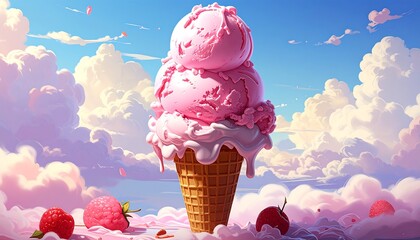 Delicious and dreamlike ice cream cone against a sky full of clouds