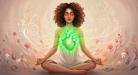 Woman meditating green energy inner peace