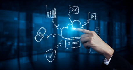 Fototapeta premium A hand drawn doodle of a cloud computing services ecosystem. A creative sketch of a network for data storage, sharing, and online applications. Motif