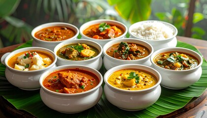 Delicious Indian Cuisine: A Colorful Array of Dishes with Rice on a Banana Leaf