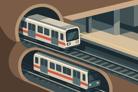 View subway moving parallel scene tracks isometric underground illustration trains vector tunnels