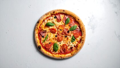 Delicious Pizza with Fresh Ingredients on White Background, Top View