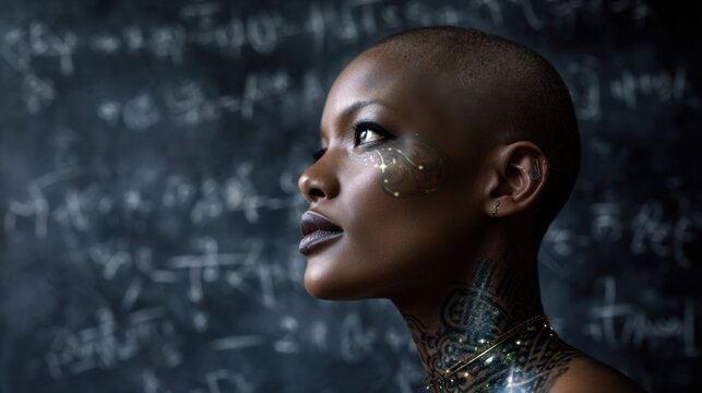 A black woman with a shaved head and metallic skin, looking directly at the camera against a backdrop of mathematical equations and data streams, symbolizing artificial intelligence. 