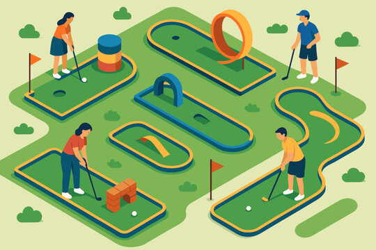 Aiming illustration holes golf colorful flags course vector players adventure mini