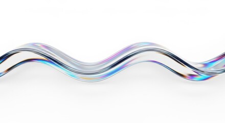 Iridescent wavy ribbon of light reflecting rainbow colors on white background