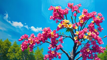 A vibrant dogwood tree in full bloom showcases its bright pink and yellow flowers against a clear blue sky, creating a beautiful sptime scene of nature's renewal.