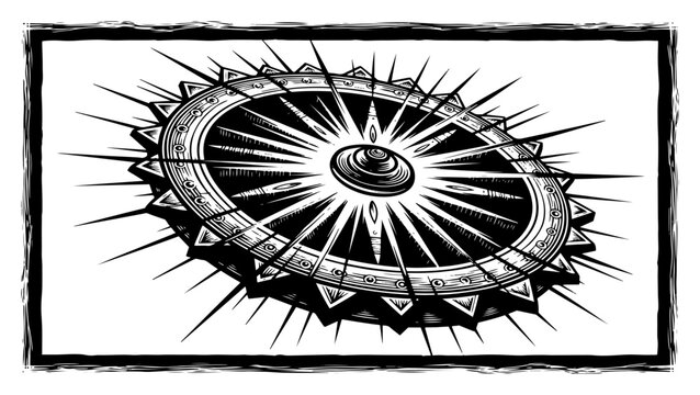 Sudarshan Chakra Spinning Disc Woodcut Illustration