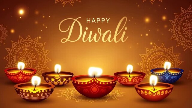 Traditional deepak oil lamp glowing on decorative mandala pattern, transitioning to "Happy Diwali" text greeting festive indian holiday