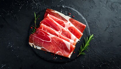 Delicious Sliced Jamon Iberico with Herbs on a Black Stone Plate