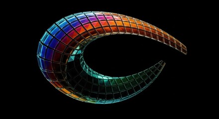 Abstract iridescent crescent shape with a textured geometric surface on a black background