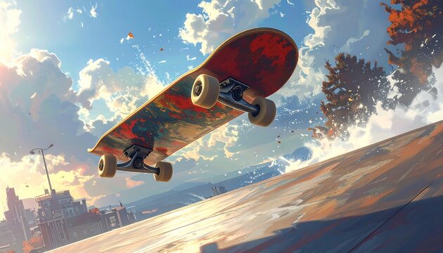 Dynamic illustration of a skateboarder mid-air with a cityscape in the background