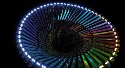 Vibrant led light sculpture with a swirling geometric pattern against a dark background