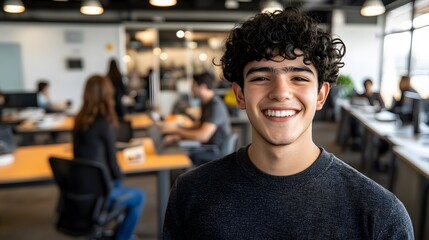 Smiling Young Man in Modern Office Workspace