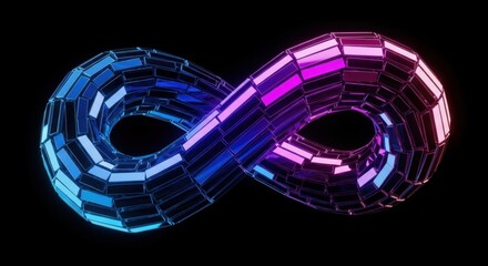 Futuristic geometric infinity symbol illuminated with neon blue and pink lights
