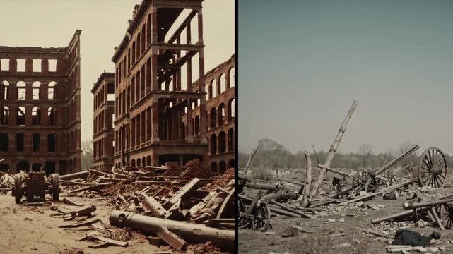 A split-screen contrasts ruined buildings with the wreckage of war artillery.
