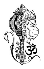Lord Hanuman Profile with Om Line Art Vector