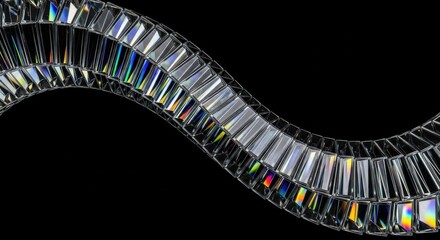 Wavy ribbon of baguette cut diamonds with rainbow light refractions on black background