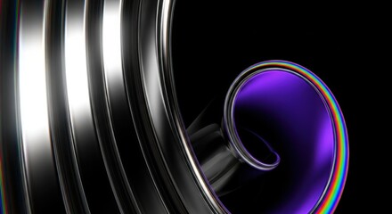 Abstract metallic sculpture with vibrant swirl of purple and rainbow hues