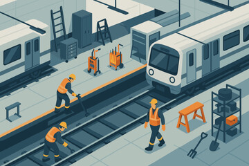 Area tracks parked tools subway maintenance trains vector gear illustration zone safety