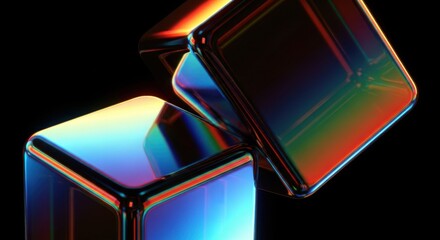 Abstract geometric shapes reflecting vibrant rainbow colors on a dark background