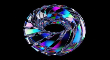 Abstract iridescent crystalline torus with rainbow light refractions on black background
