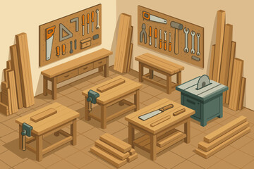Illustration walls workshop wood tool modern spacious vector woodworking benches planks saws