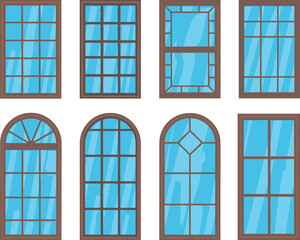 Window frame design set, wooden architecture, arched and rectangular styles, home interior decor, vector illustration, building element, glass pane, classic window