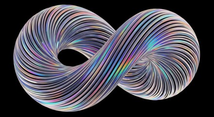 Iridescent infinite loop sculpture reflecting rainbow colors on black background