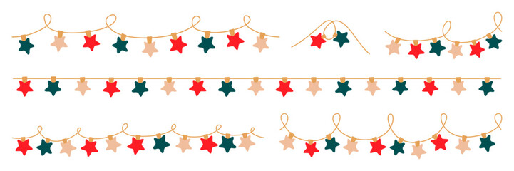 Christmas red, green lights garland with colored star bulbs. Xmas festive string decoration with hanging retro led lamp. Glowing string with lamps for holiday cards, banners, posters, web. Vector.