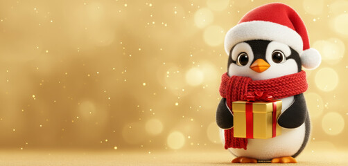 Cute penguin in santa hat holding gift on sparkling golden background for holiday design