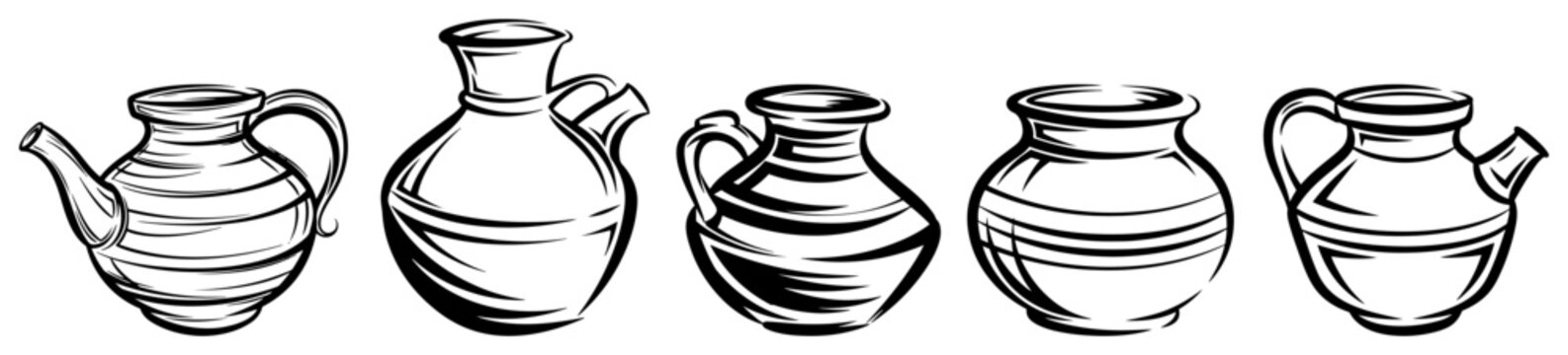 Traditional Indian Water Pots and Pitchers Line Art Vector