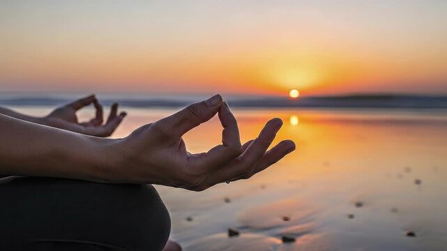 A close-up shows a person's hands in a peaceful mudra pose, meditating against the serene backdrop of a vibrant sunset or sunrise over calm water. The silhouette and warm, glowing light create a tranq