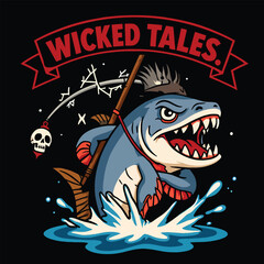 Angry Shark T-Shirt – Wicked Tales Fishing Comic Style Illustration