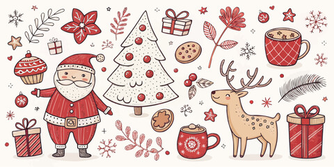 Festive christmas illustration with santa claus reindeer tree gifts and other holiday themed elements art