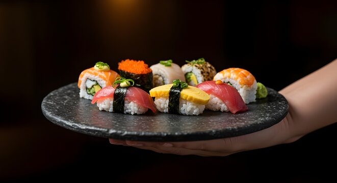 Hands holding gourmet sushi served on elegant stone plate in a refined dining setting