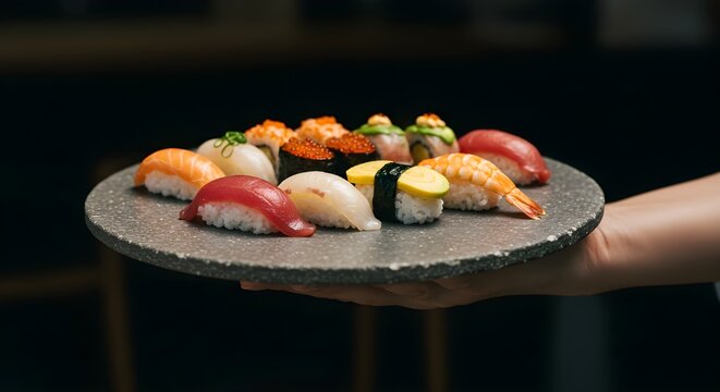 Hands holding gourmet sushi served on elegant stone plate in a refined dining setting - Powered by Adobe