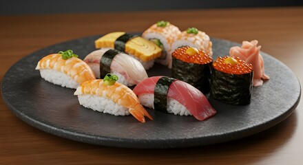 Gourmet sushi beautifully presented on a stone plate with elegant plating and fresh ingredients