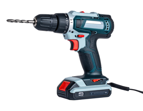 Cordless drill with a drill bit, angled view.  Features a dark teal and gray body, light gray battery pack, and red accents.  The drill is ready for use