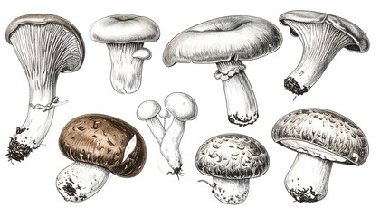 Detailed Hand-Drawn Illustration of Various Mushroom Varieties on White Background